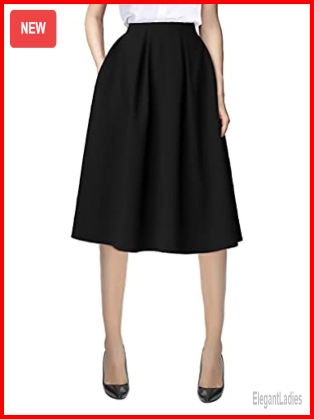 A-Line Midi Skirt with Pockets Elastic High Waisted Casual Work